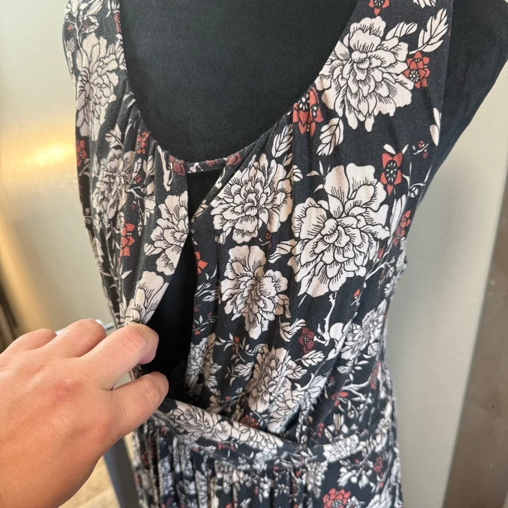Garnet Hill Dark Floral Sleeveless Maxi Dress‎ Cinch Waist Faux Wrap Top Scoop L